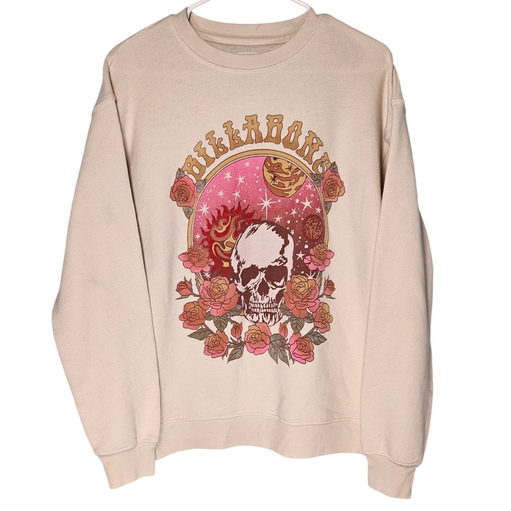 Billabong Womens Celestial Skull Roses Graphic Crewneck Sweatshirt Beige M Retro